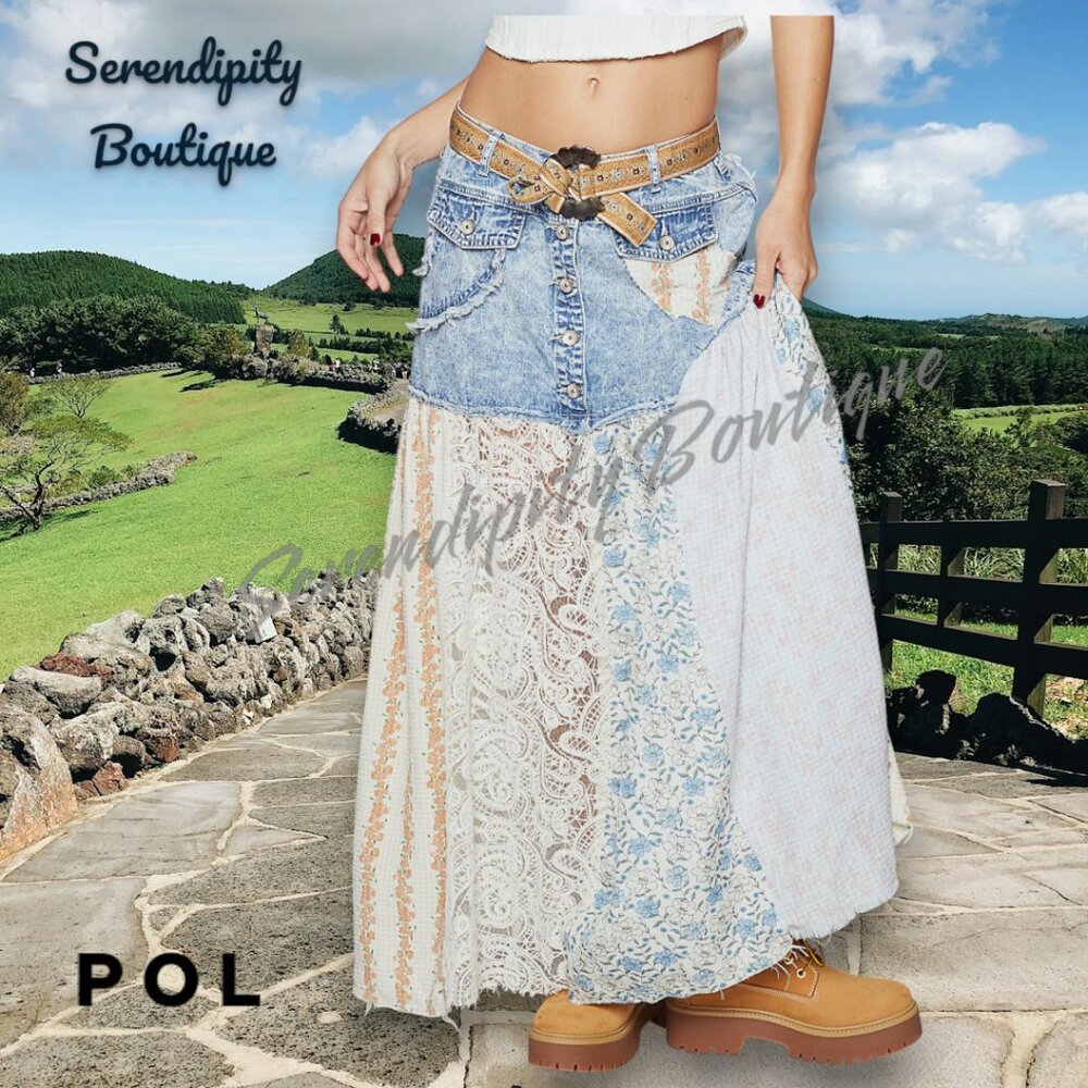 POL Boho Gypsy Flowy High Waisted Cotton Denim Lace Baggy Maxi Jean Skirt